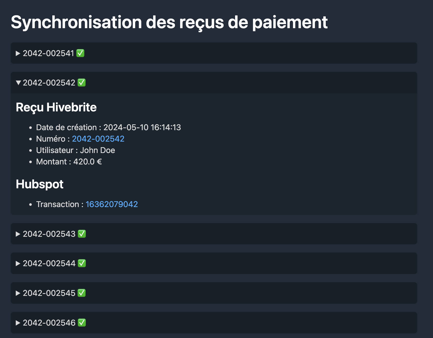 Interface de gestion de la synchronisation Hivebrite